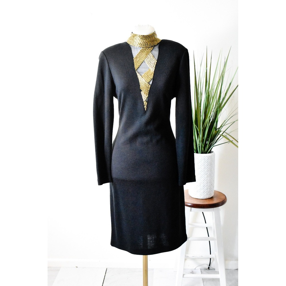Casual Corner Beaded Neck Dress Women Medium Black Vintage 80s Gold Glam Sheath